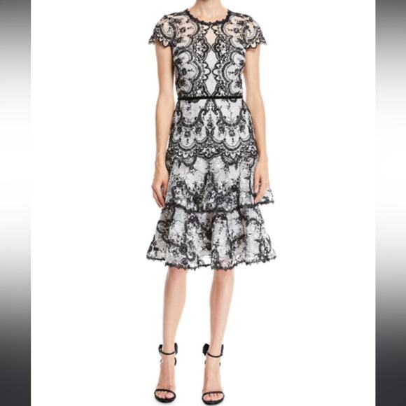 Marchesa Notte Black White Corded Lace Dress w/ Embroidery & Velvet Trims. NWOT - Picture 1 of 15